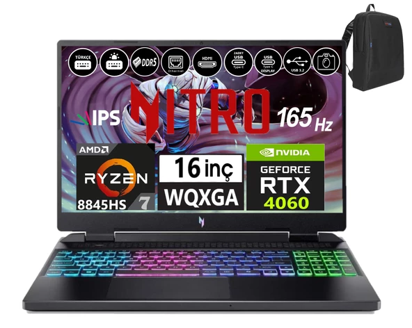 Acer Nitro 16 AN16-42 Amd R7 8845HS Aı 32GB Ddr5 4tb SSD 8GB/RTX4060 WINDOWS11PRO 16" 165Hz Wqxga IPS Taşınabilir Bilgisayar WNHQSKEY00148+WEBLEGELSINÇANTA