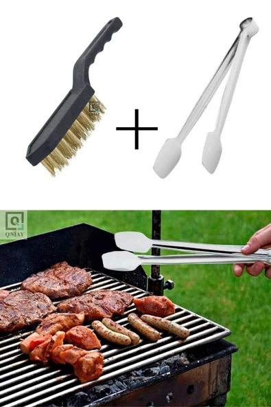 QNİAY (2li Kamp Seti Paslanmaz Çelik Izgara Maşası Mangal Barbekü Temizleme Tel Fırçası -piknik Kamp Set