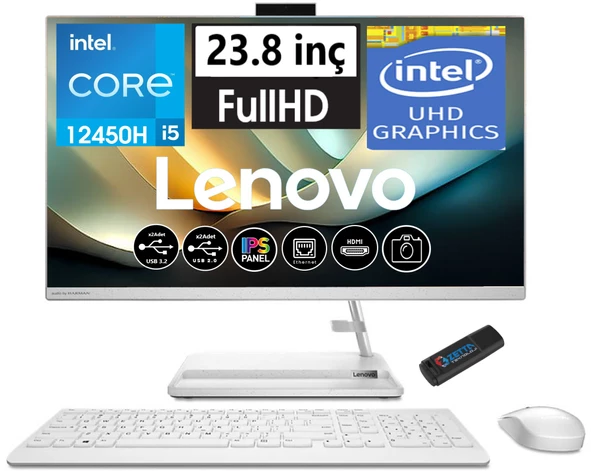 Lenovo Ideacentre 3 Intel Core I5 12450H 32GB 2tb SSD WIN11H 23.8 IPS All In One Bilgisayar AIOF0GH01GBTR34+ZETTAUSBBELLEK
