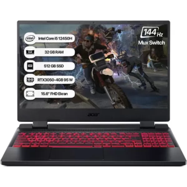 Acer Nitro 5 NH.QFJEY.00A-32/512 i5 12450H 32GB 512GB SSD RTX3050-4GB DOS 144Hz 15.6" Taşınabilir Bilgisayar