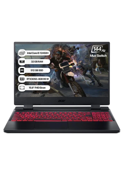 Acer Nitro 5 NH.QFJEY.00A-32/512 i5 12450H 32GB 512GB SSD RTX3050-4GB DOS 144Hz 15.6" Taşınabilir Bilgisayar
