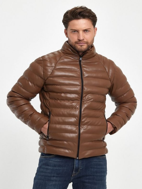 Zagmen Z01230 Erkek Slim Fit Şişme Deri Mont - Z01230 - Kahverengi - ST01230-Kahverengi-XL
