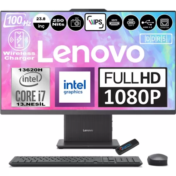 Lenovo Ideacentre Aıo 24IRH9 Intel Core I7-13620H Ddr5 16GB 512GB SSD Intel UHD Graphics 23.8 Fhd IPS Windows 11 Home Gri All In One Bilgisayar F0HN00EATRH06 + Zetta Flash Bellek