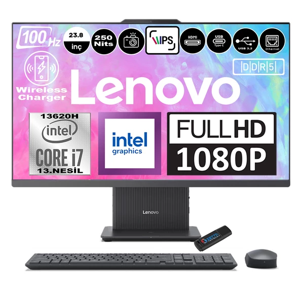 Lenovo Ideacentre Aıo 24IRH9 Intel Core I7-13620H Ddr5 16GB 512GB SSD Intel UHD Graphics 23.8 Fhd IPS Windows 11 Home Gri All In One Bilgisayar F0HN00EATRH06 + Zetta Flash Bellek