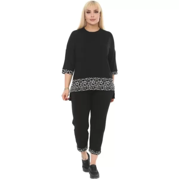 Melsay Butik Siyah Kare Şeritli Büyük Beden Kadın Kapri Takımı