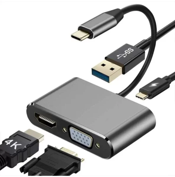 Type- C To Hub Pd Hdmi+vga+usb Dönüştürücü Adapter 4 In 1