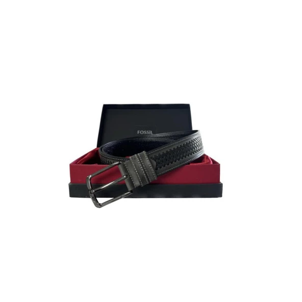 Fossil Gri Deri Desenli Suni Deri 4 cm Erkek Kemeri-105 cm