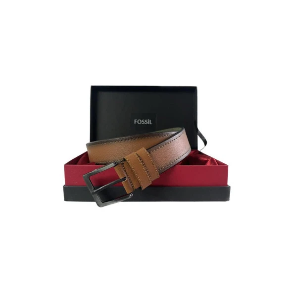 Fossil Taba Çift Dikiş Suni Deri 4 cm Erkek Kemeri-110Cm