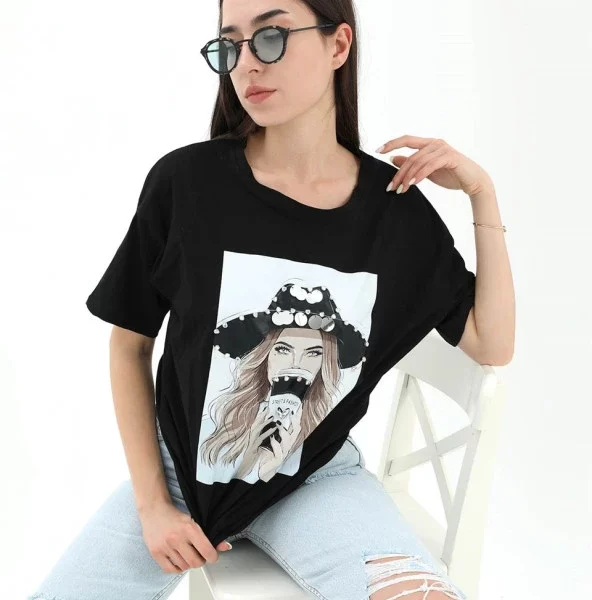 Bisiklet Yaka Kovboy Şapkalı Süprem T-shirt - Siyah