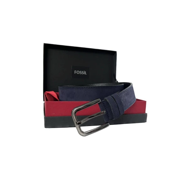 Fossil Lacivert Rengi Hakiki Deri  4 cm Erkek Kemeri -115 Cm
