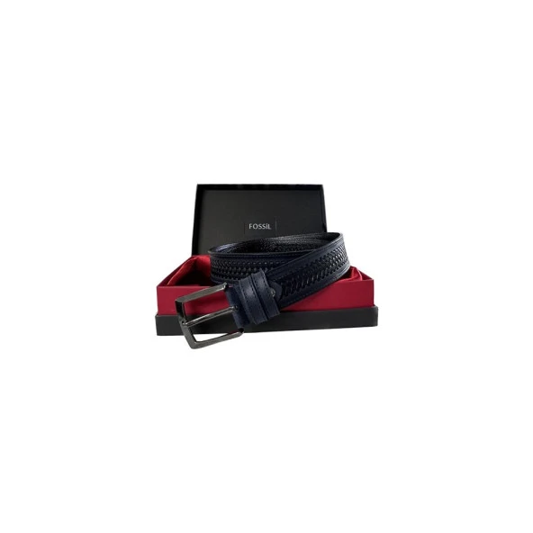 Fossil Lacivert Desenli Hakiki Deri Spor Erkek Kemeri 4cm-115CM