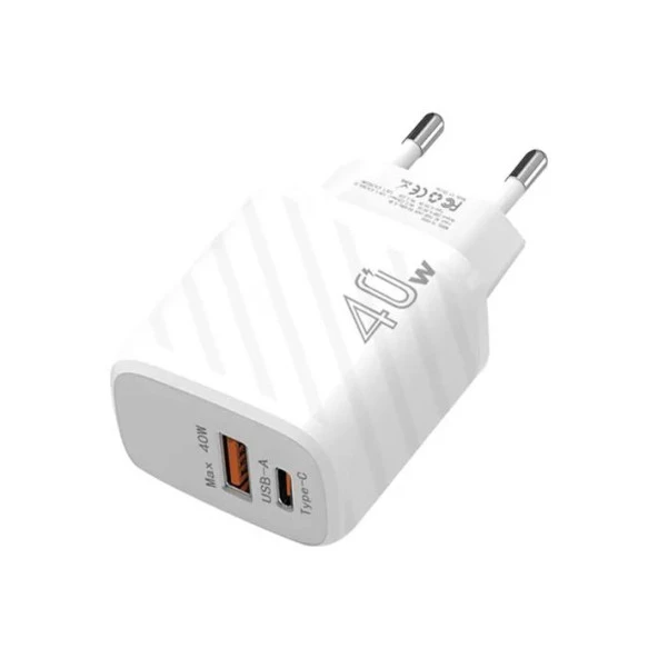 ALLY 40W Type-C + USB QC3.0 PD Hızlı Şarj Adaptörü Şarj Başlığı Beyaz