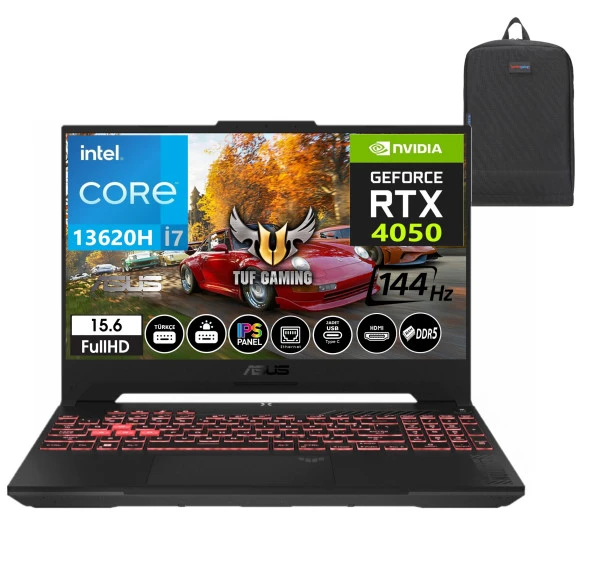 Asus Tuf Gaming F15 FX507VU-LP258 13. Nesil Intel I7-13620H 16GB DDR5 Ram  512GB SSD Freedos 15.6 Inç Fhd 144Hz 6GB RTX4050 140W Taşınabilir Bilgisayar FX507VU-LP25801+WeblegelsinÇanta