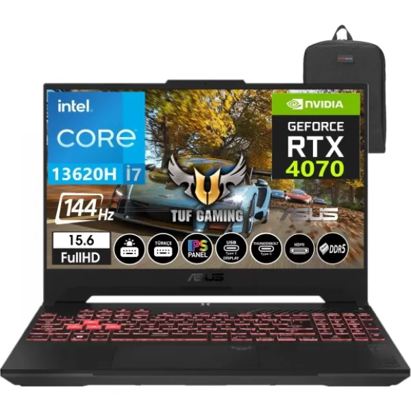 Asus Tuf Gaming F15 FX507VI-LP090 13. Nesil Intel I7-13620H 16GB DDR5 Ram  1tb SSD Windows11Pro 15.6 Inç Fhd 144Hz 8gb RTX4070 140W Taşınabilir Bilgisayar FX507VI-LP09034+WeblegelsinÇanta