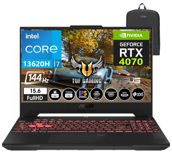 Asus Tuf Gaming F15 FX507VI-LP090 13. Nesil Intel I7-13620H 16GB DDR5 Ram  1tb SSD Windows11Pro 15.6 Inç Fhd 144Hz 8gb RTX4070 140W Taşınabilir Bilgisayar FX507VI-LP09034+WeblegelsinÇanta