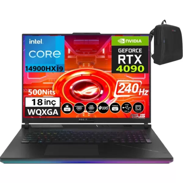 Asus ROG Strix SCAR 18 14. Nesil Intel i9-14900HX 96GB DDR5 RAM 2TB SSD+2TB SSD 16GB RTX4090 175w 18 inç QHD+ 240Hz 3Ms Windows11Pro Taşınabilir Bilgisayar G834JYR-N609829+WeblegelsinÇanta