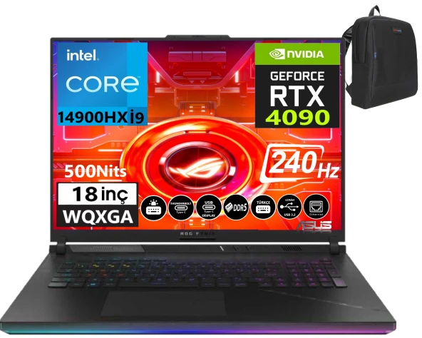 Asus ROG Strix SCAR 18 14. Nesil Intel i9-14900HX 96GB DDR5 RAM 2TB SSD+2TB SSD 16GB RTX4090 175w 18 inç QHD+ 240Hz 3Ms Windows11Pro Taşınabilir Bilgisayar G834JYR-N609829+WeblegelsinÇanta