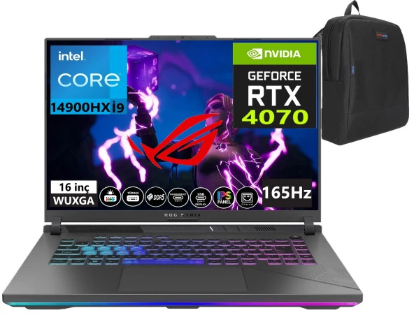Asus Rog Strix G16 Intel Core I9 14900HX 16GB DDR5 RAM 1tb SSD RTX4070-140W 165Hz Windows11Pro 16" Wuxga Taşınabilir Bilgisayar G614JIR-N308834+WeblegelsinÇanta