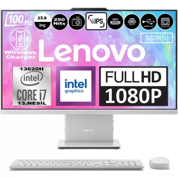 Lenovo Ideacentre Aıo 24IRH9 Intel Core I7-13620H DDR5 16GB 512GB SSD Intel UHD Graphics 23.8 Fhd IPS Freedos Beyaz All In One Bilgisayar F0HN0056TRF06 + Zetta Flash Bellek