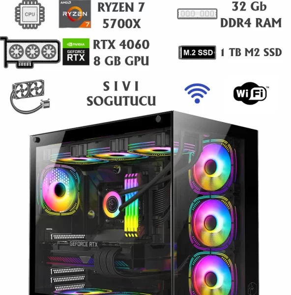 RAMTECH SUPPLEY RYZEN 7 5700X / RTX 4060 8GB / 32GB RAM / 1TB NVME M2 SSD / SIVI SOĞUTMALI OYUNCU BİLGİSAYARI