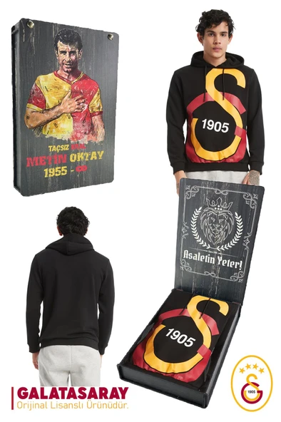 Galatasaray Orijinal Lisanslı Büyük Logo Kapüşonlu Erkek Sweat Metin Oktay Baskılı Hediyelik Kutulu
